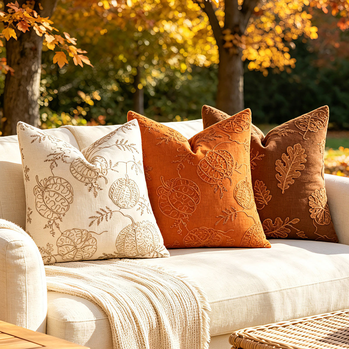 Fall Pillow Covers Chenille Embroidered Pumpkin Leaf