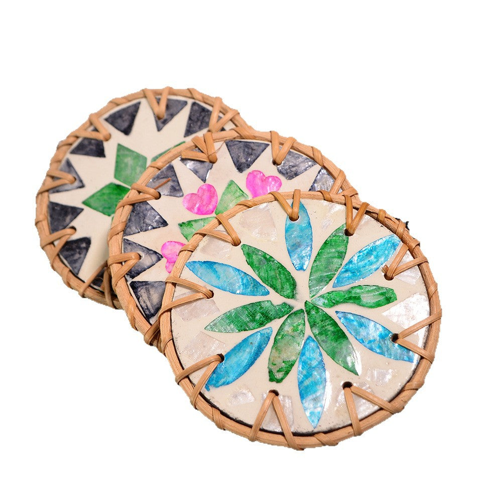 Shell Mosaic Drink Coaster Round Woven Rattan Cup Mat