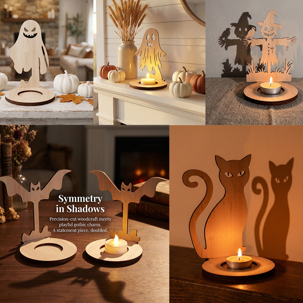 Wooden Halloween Candle Holder Tabletop Seasonal Decor