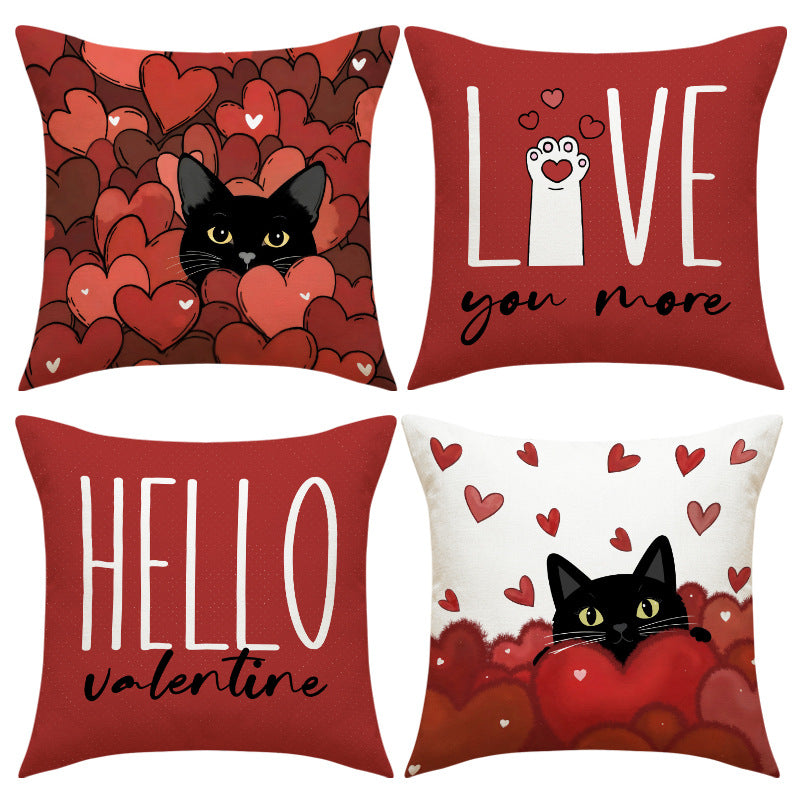 Cute Black Cat Valentine Heart Throw Pillow Cover Set