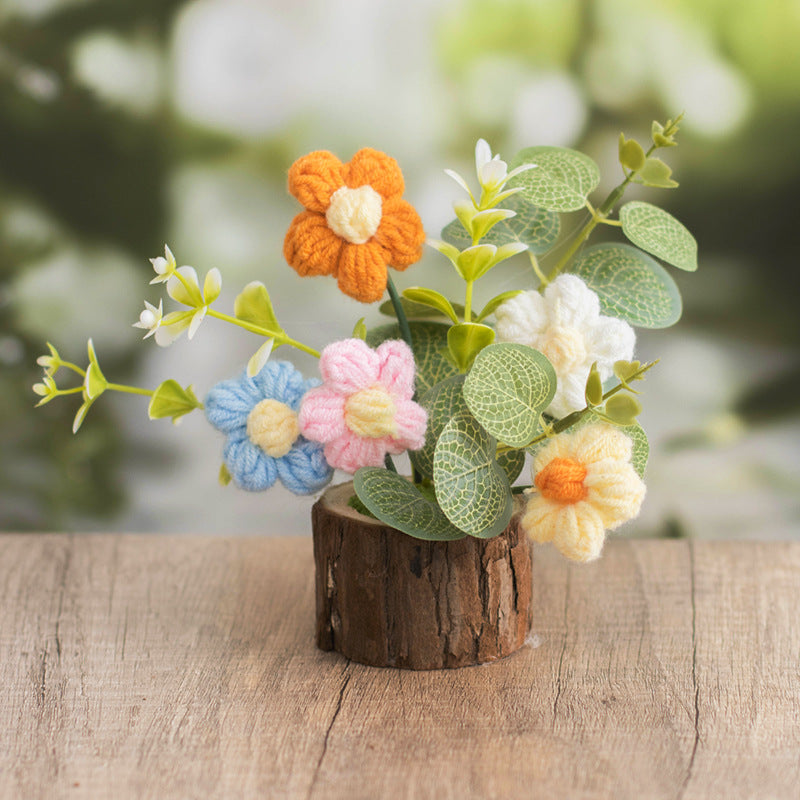 Crochet Puff Flower Pot Wooden Base Gift Decor