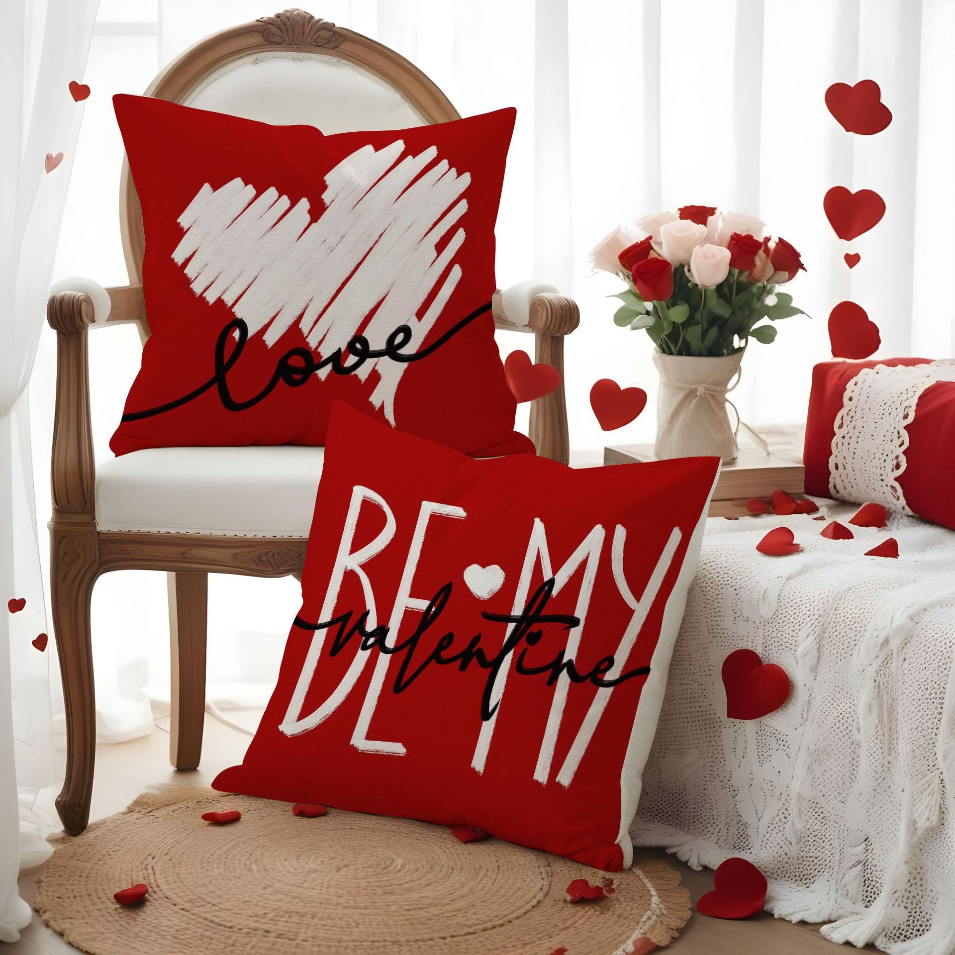 Valentine Heart Throw Pillow Cover Romantic Red Couple Decor