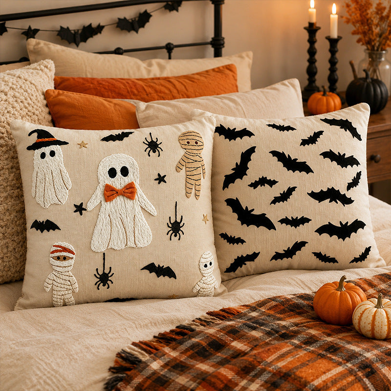 Halloween Ghost Bat Pattern Decorative Pillow Cover