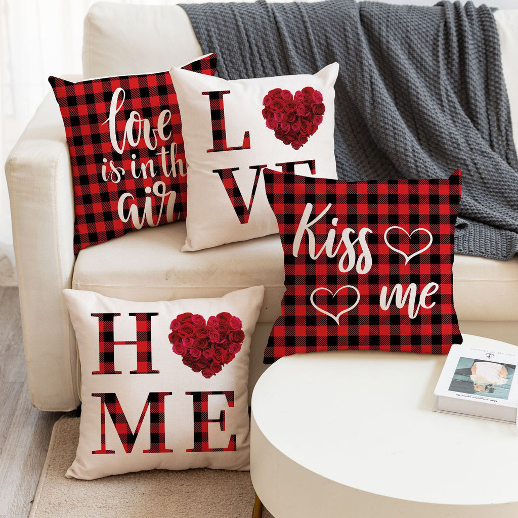 Valentine Home Decor Buffalo Plaid Love Heart Pillow Cover