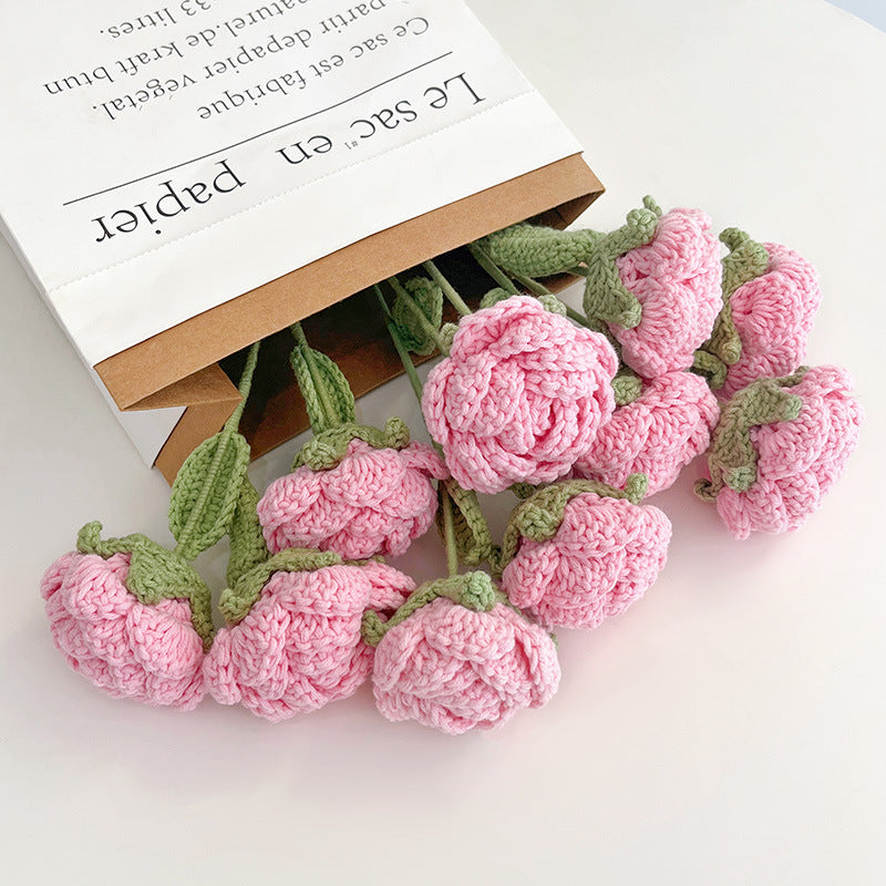 Valentine Crochet Rose Flower Handmade Yarn Stem Gift