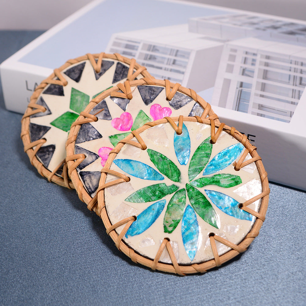 Shell Mosaic Drink Coaster Round Woven Rattan Cup Mat