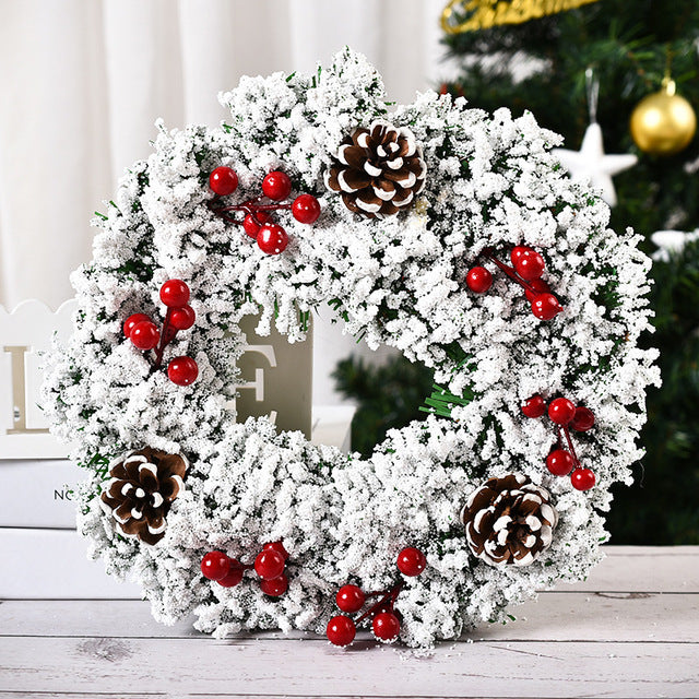 Snow Frosted Pinecone Christmas Wreath with Red Berries
