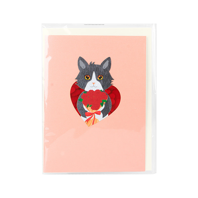 Valentines 3D Pop Up Cat Greeting Card Rose Handmade Gift
