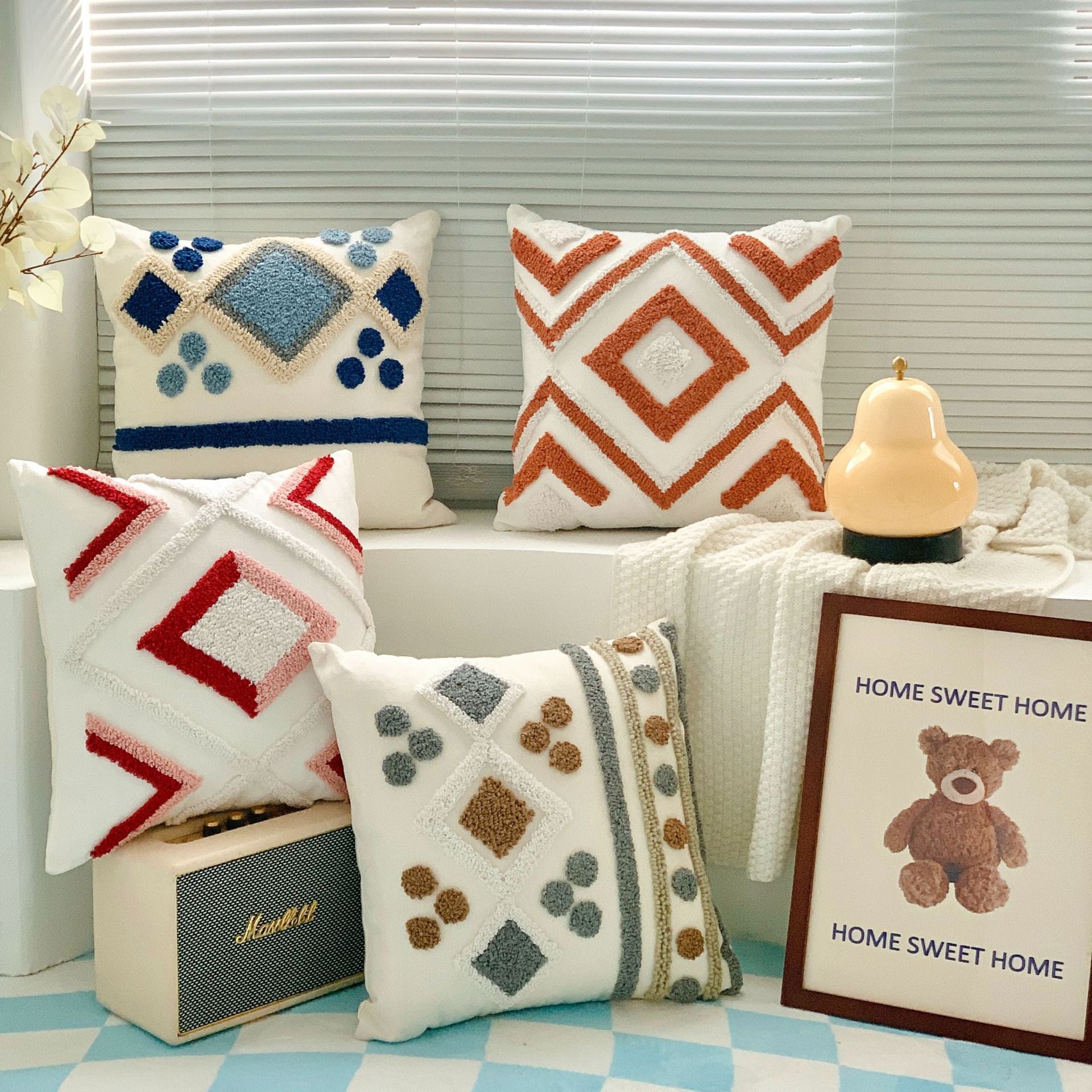 Boho Tufted Embroidered Decorative Throw Pillow for Couch