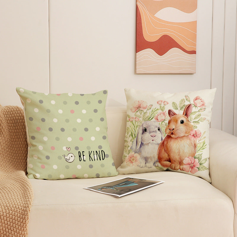 Easter Bunny Floral Linen Throw Pillow Cover 18x18