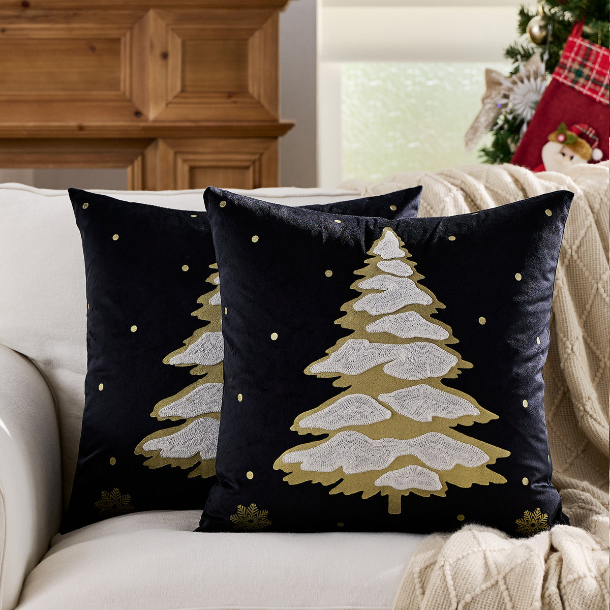 Christmas Reindeer Pillow Cover Gold Foil Tree 18x18 in