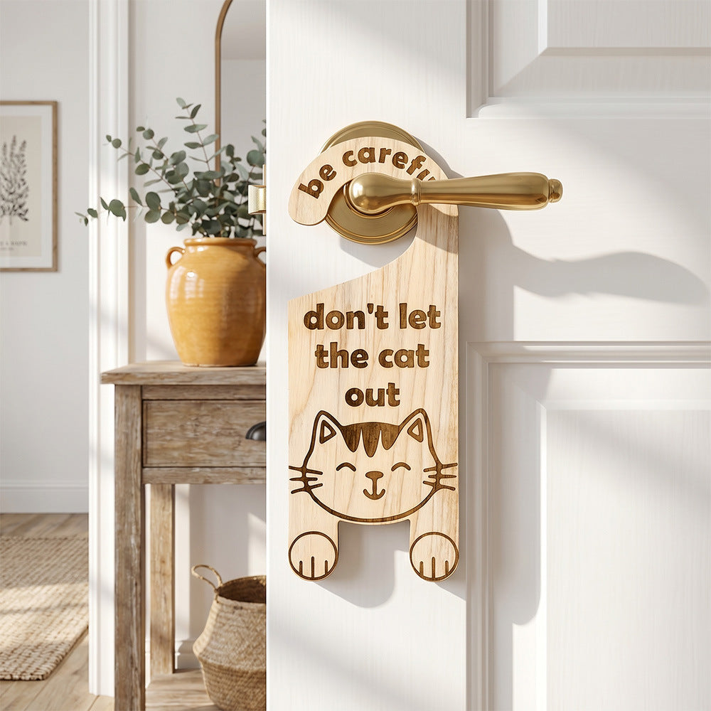 Cat Door Knob Safety Sign Wooden Door Hanging Decor