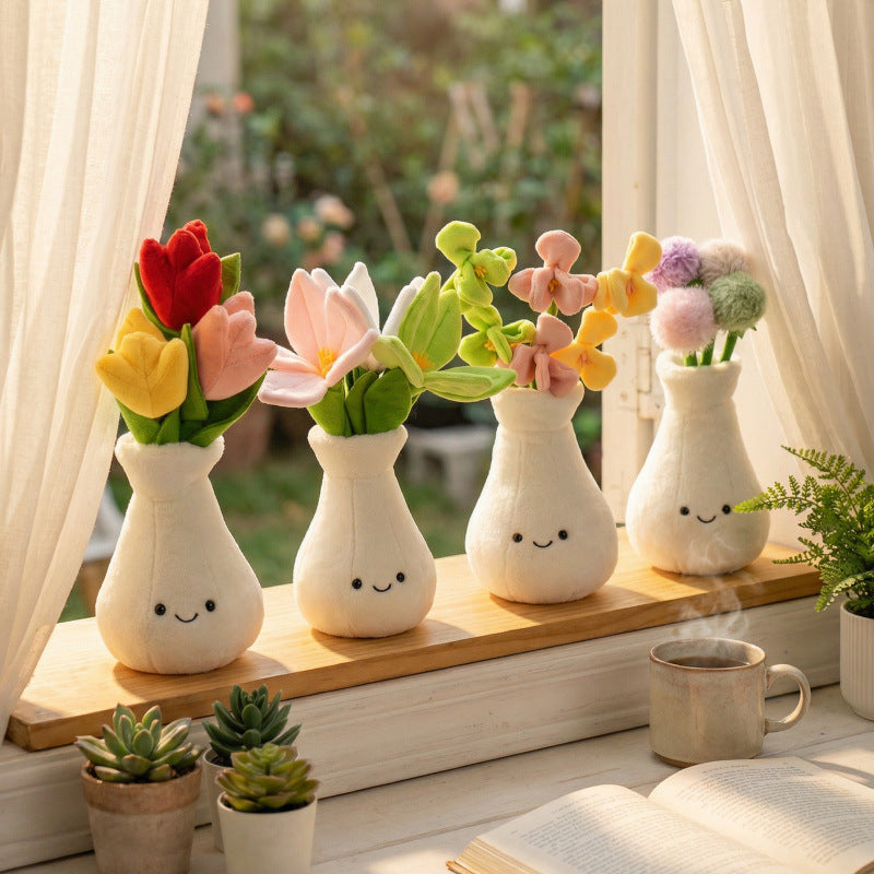 Plush Mini Flower Vase Decor Soft Dandelion Orchid Tulip Lily