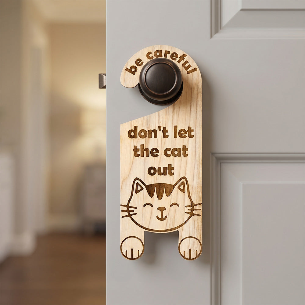 Cat Door Knob Safety Sign Wooden Door Hanging Decor