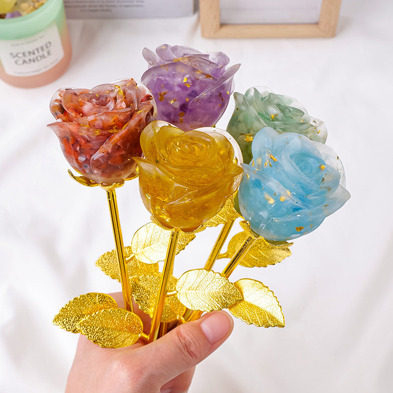 Resin Crystal Stone Flower Stem Decor with Metal Leaves