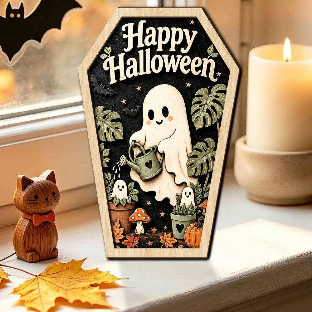 Halloween Ghost Wood Wall Hanging Decor with Sawtooth Hook