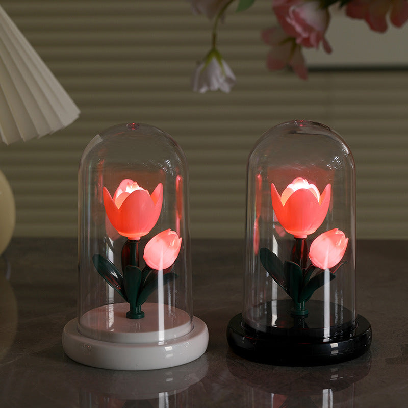 Glass Dome Flower Night Light Battery Powered LED Lamp