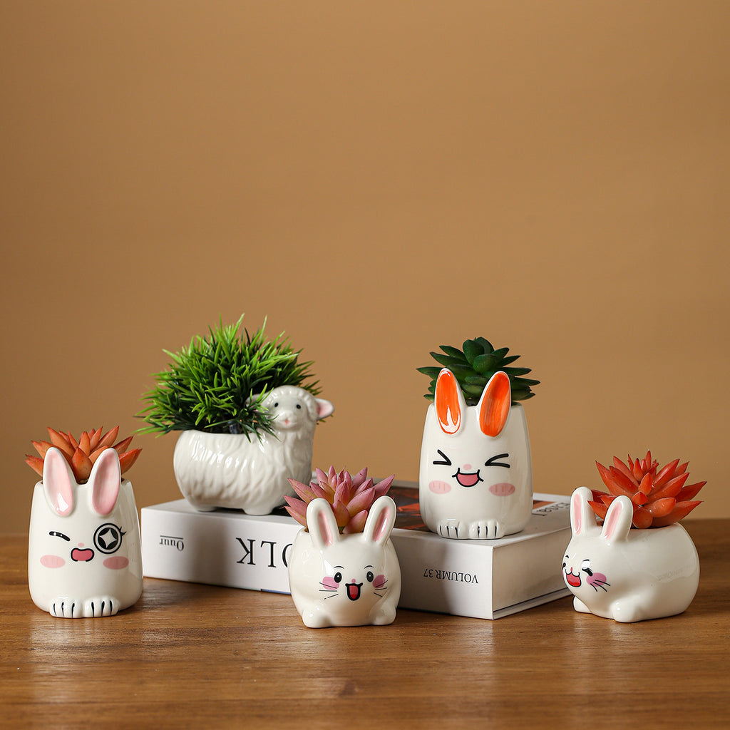 Cute Rabbit Ceramic Succulent Planter Decorative Flower Pot