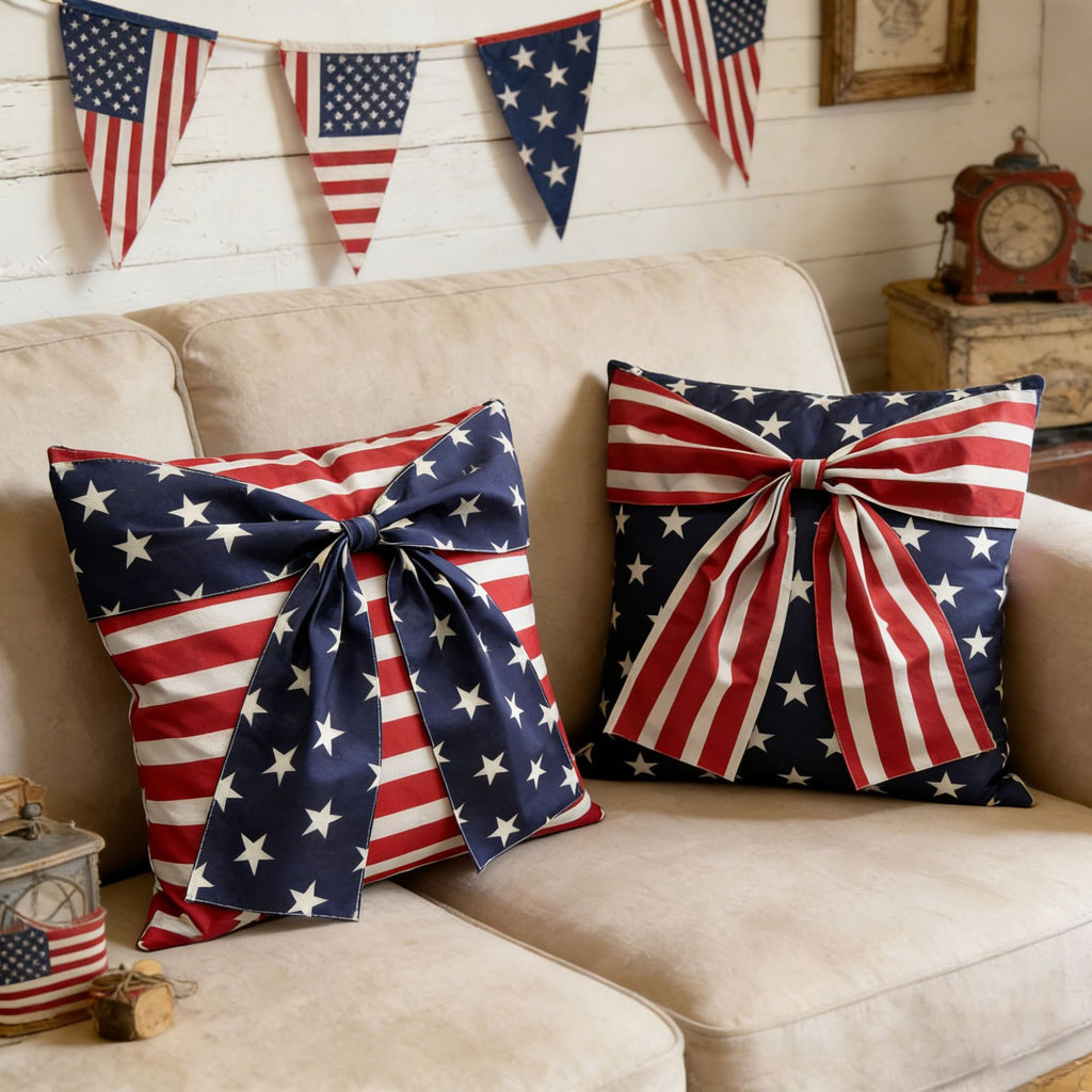 4th of July American Flag Bow Pillow Cover Cushion