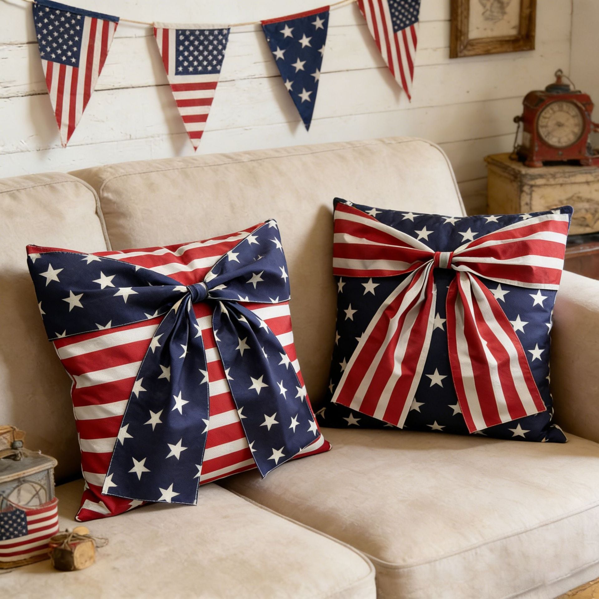 4th of July American Flag Bow Pillow Cover Cushion