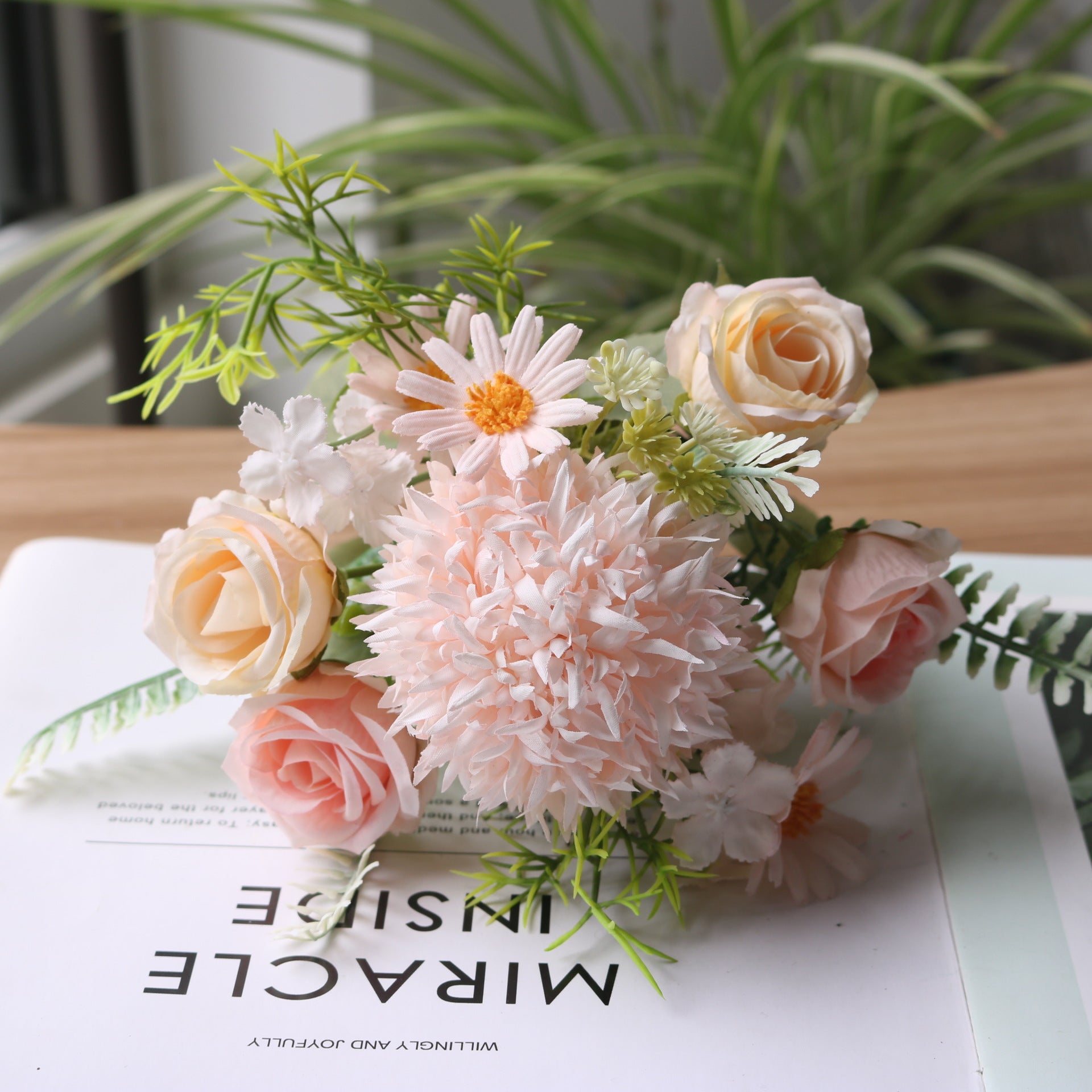 Valentine Faux Thistle Rose Daisy Bouquet Woodland Decor