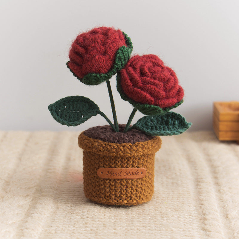 Valentine Handmade Crochet Double Rose Potted Decor
