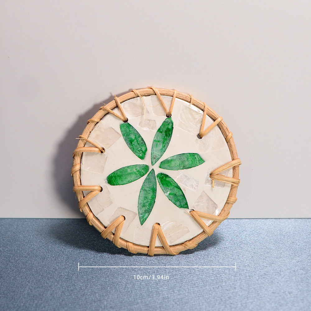 Shell Mosaic Drink Coaster Round Woven Rattan Cup Mat