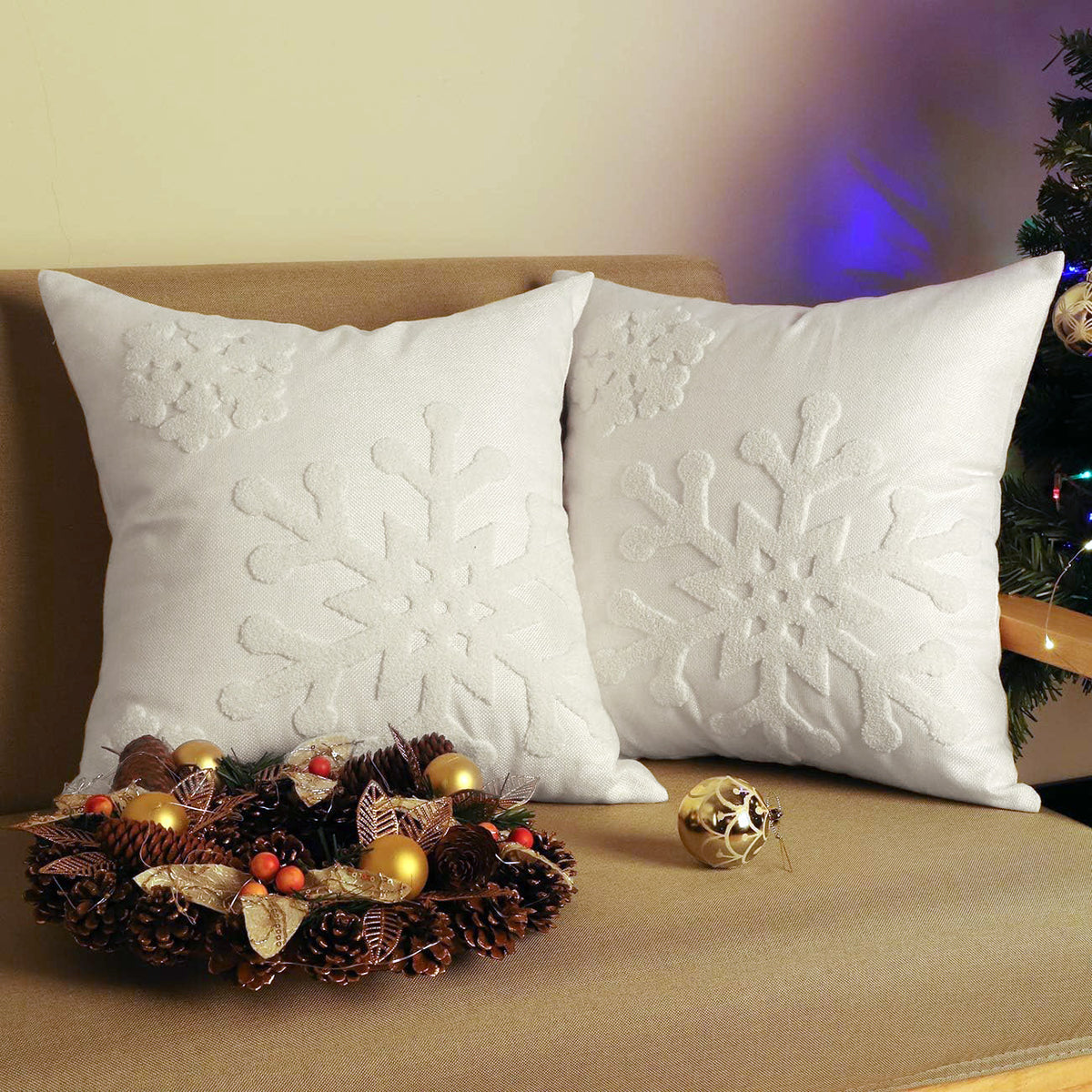 Christmas Reindeer Pillow Cover Gold Foil Tree 18x18 in