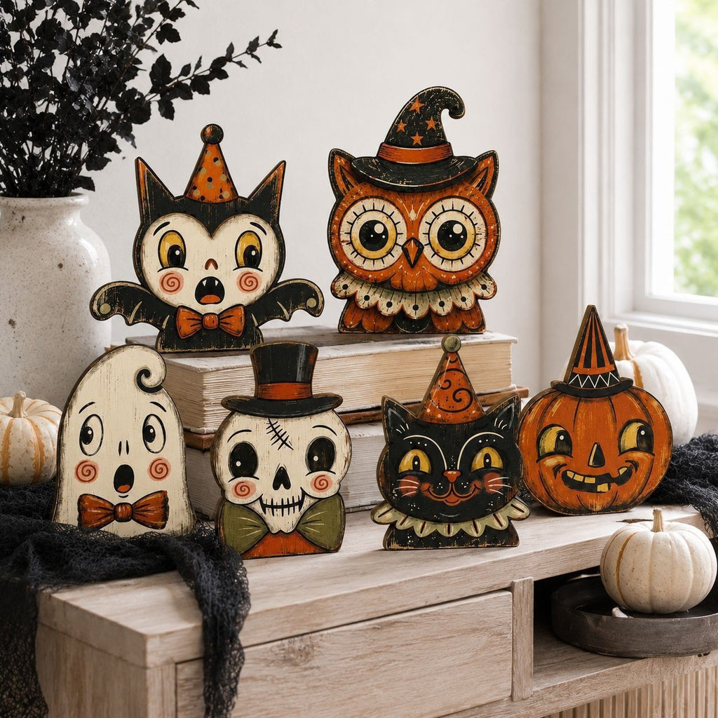 Halloween Wooden Table Decor Cat Owl Pumpkin Design