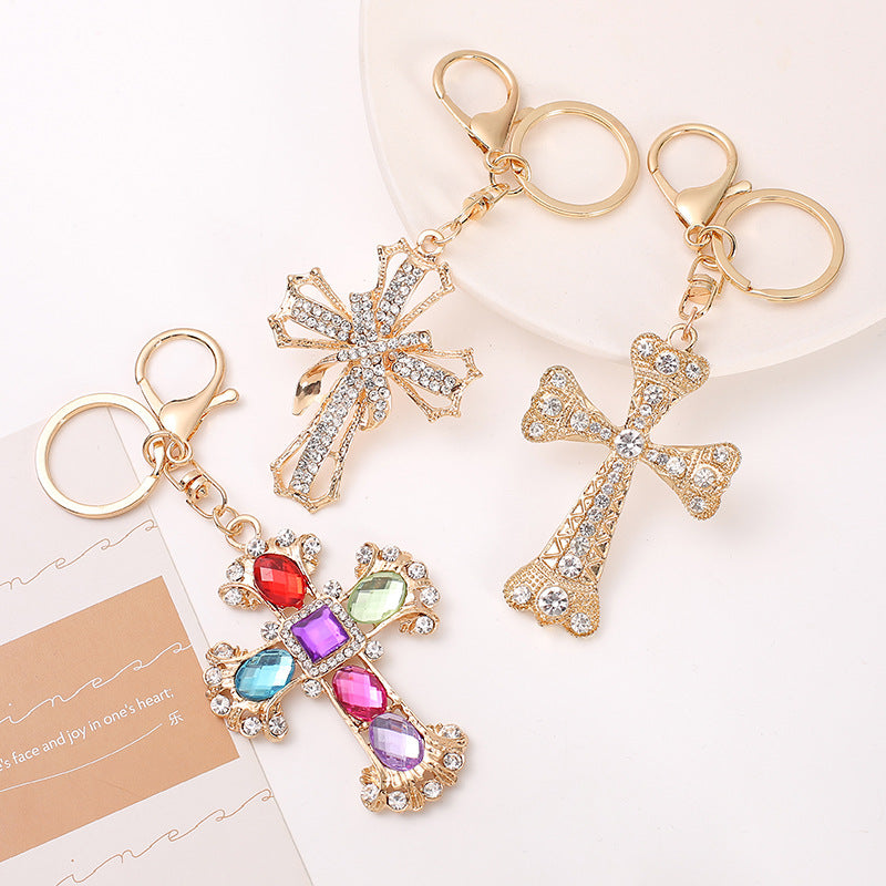 Rhinestone Cross Keychain Metal Bag Charm Car Key Ring Gift