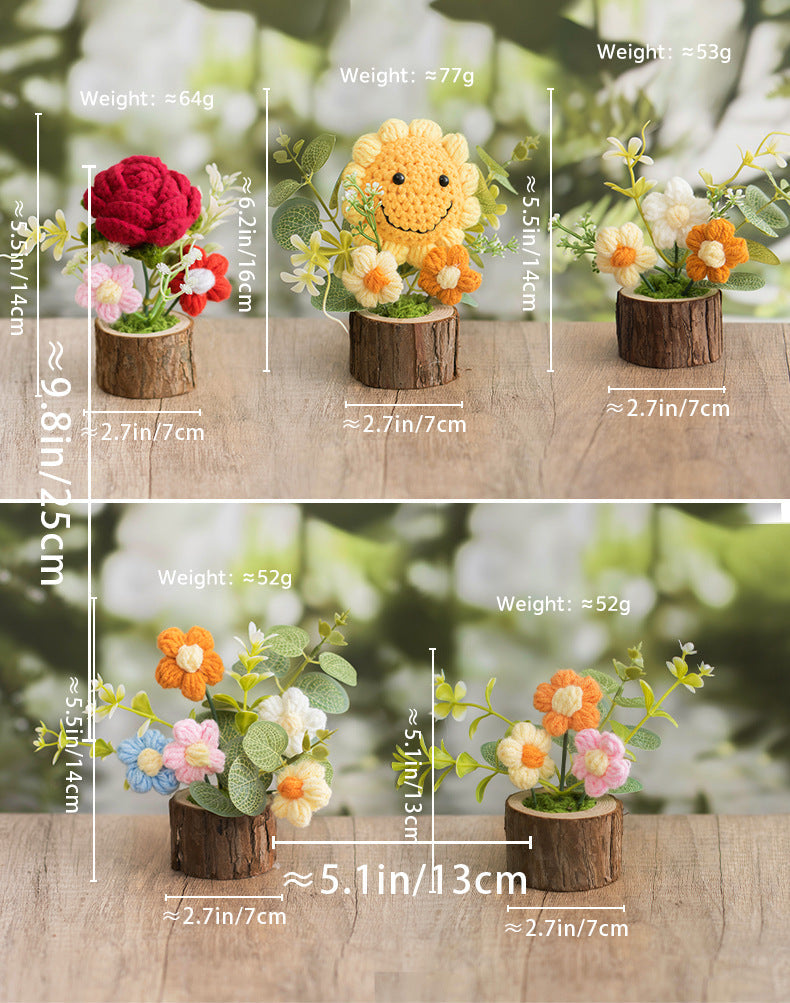 Crochet Puff Flower Pot Wooden Base Gift Decor