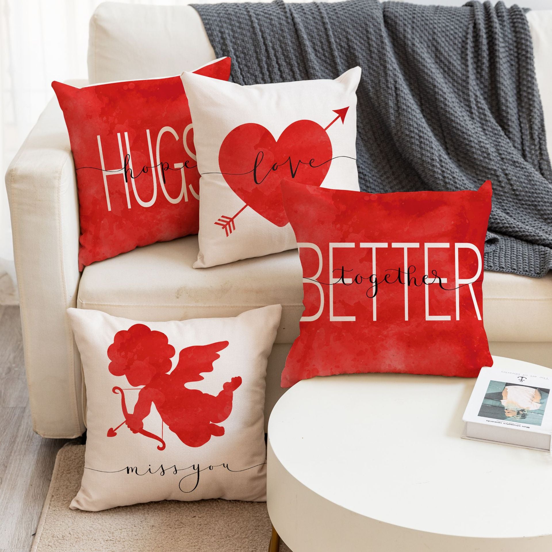 Valentine Nordic Linen Heart Print Pillow Cover Set