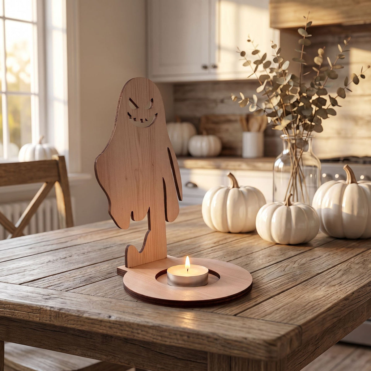 Wooden Halloween Candle Holder Tabletop Seasonal Decor