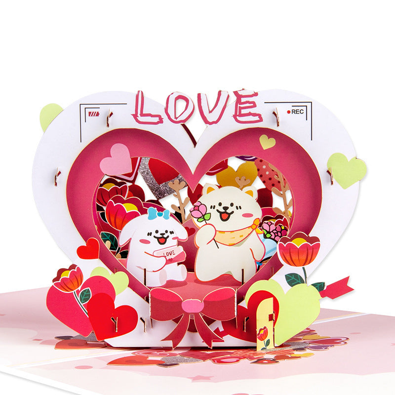 Valentines Day 3D Pop Up Love Card with Cute Cat and Dog