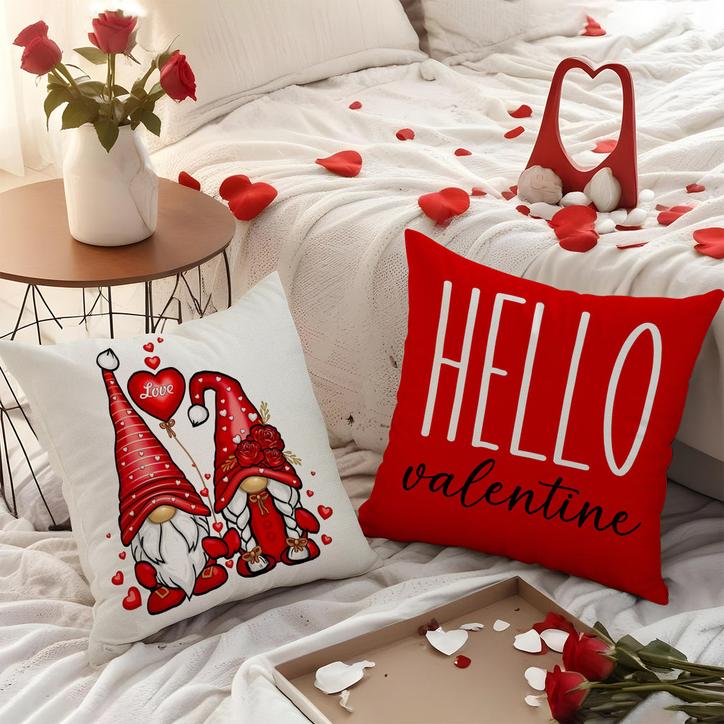 Valentine Gnome Love Heart Print Linen Pillow Cover Set