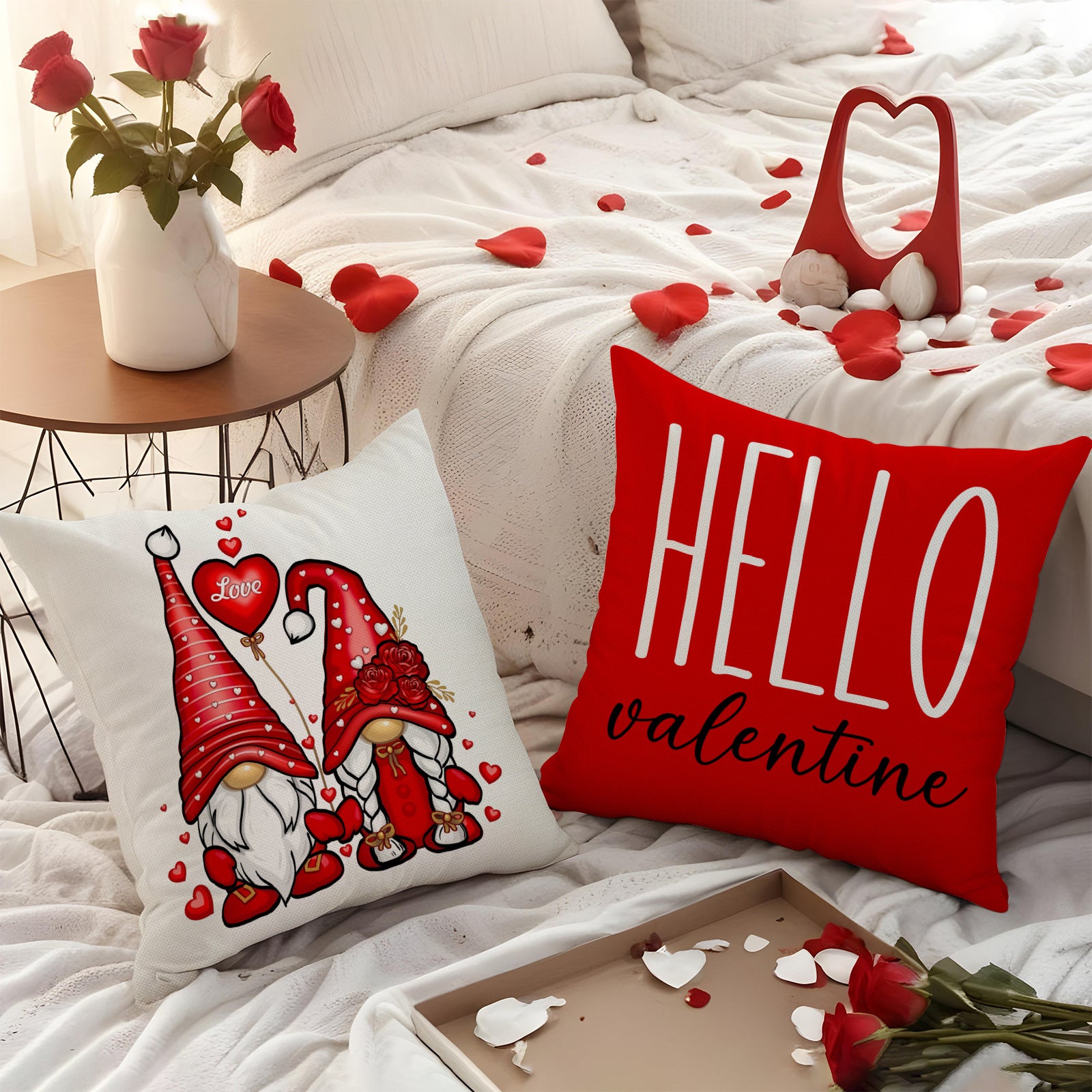 Valentine Gnome Love Heart Print Linen Pillow Cover Set