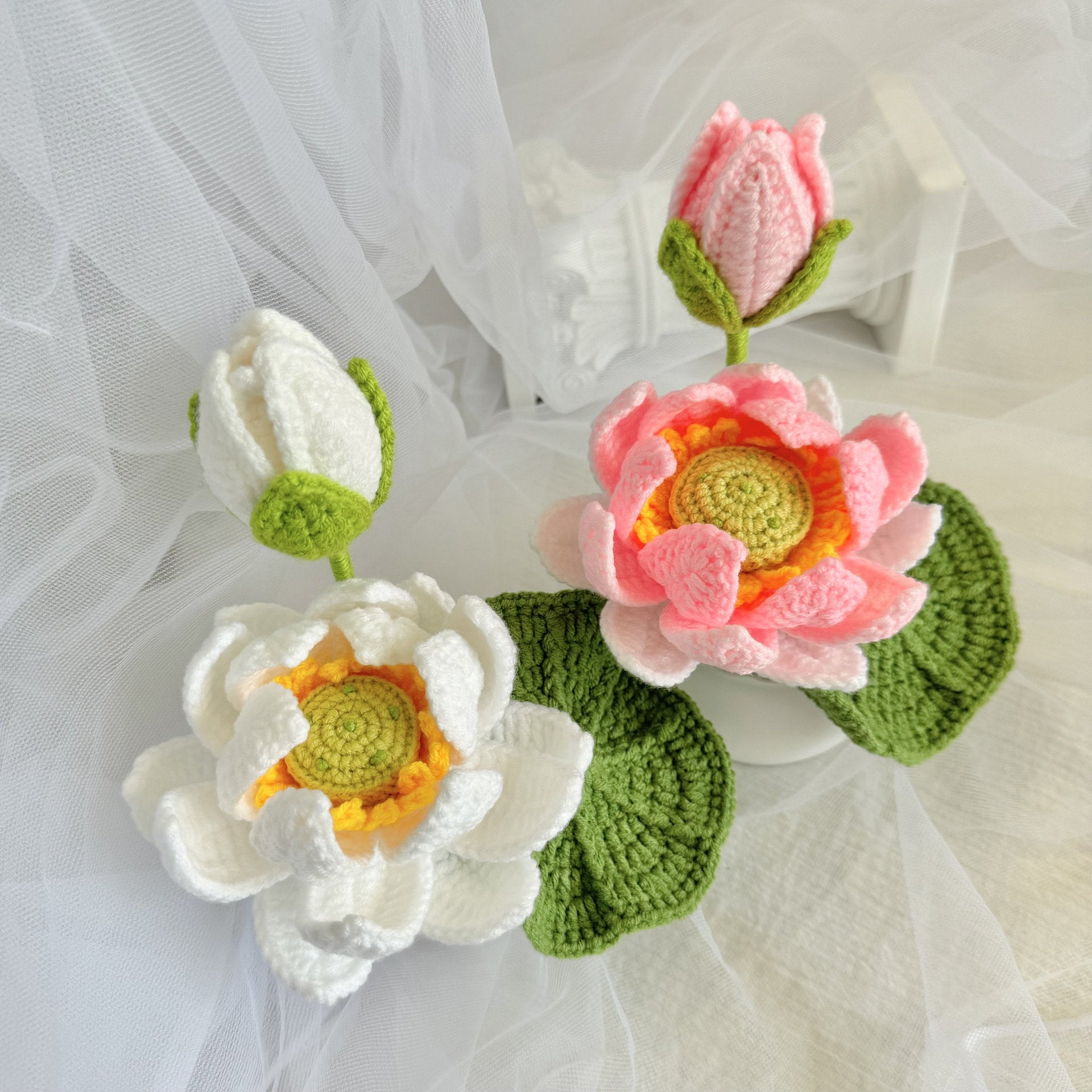 Crochet Lotus Flower Potted Plant Handmade Table Decor