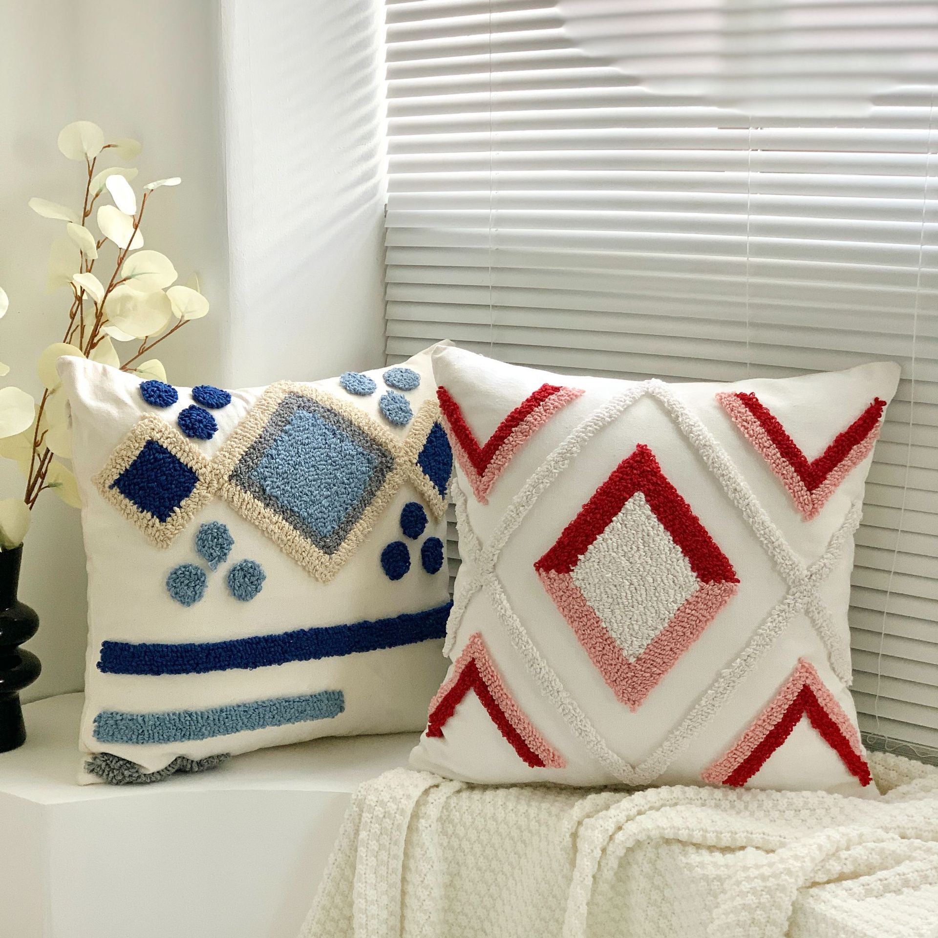 Boho Tufted Embroidered Decorative Throw Pillow for Couch