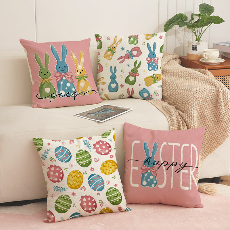 Easter Bunny Egg Print Linen Throw Pillow Cover 18x18