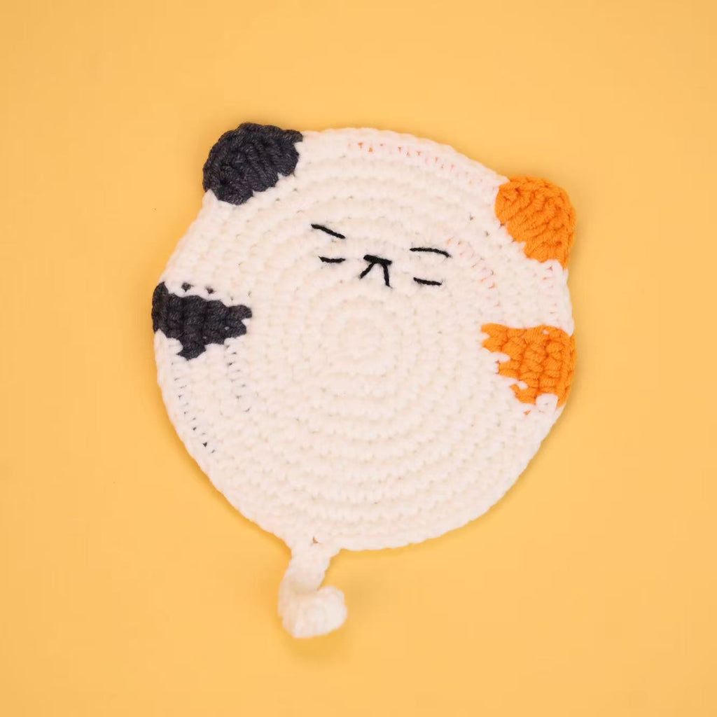 Cute Handmade Crochet Cat Coaster Round Drink Mat