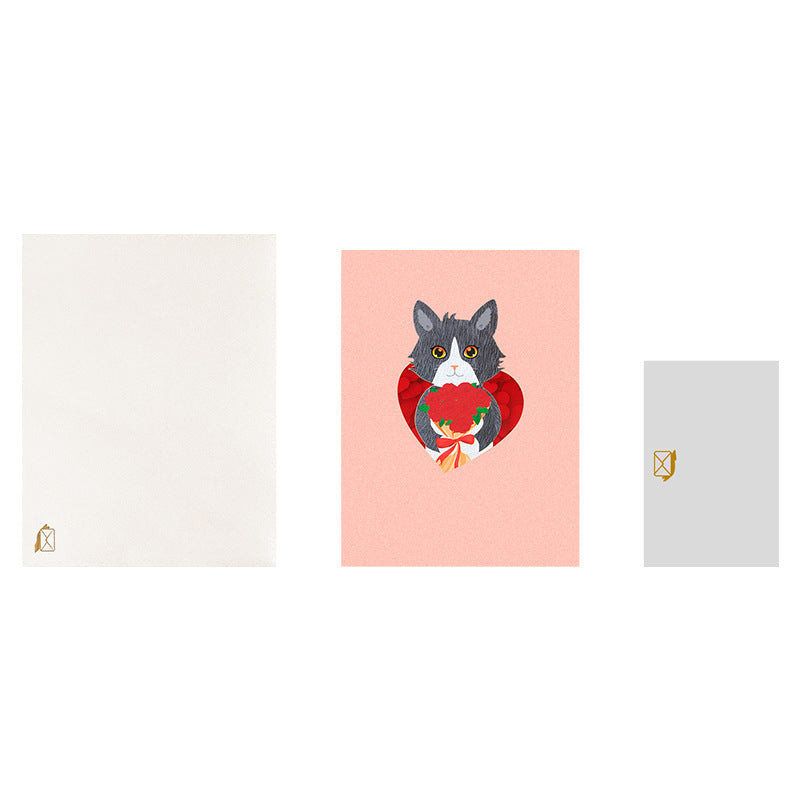 Valentines 3D Pop Up Cat Greeting Card Rose Handmade Gift
