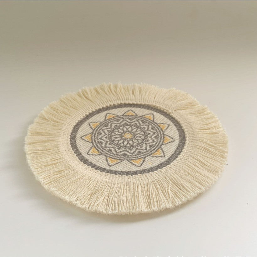 Boho Pattern Round Decorative Drink Coaster Set with Tassels