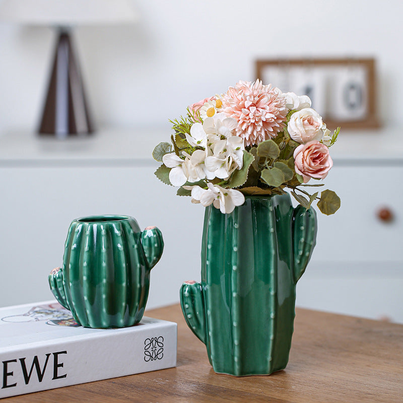 Cactus Ceramic Vase Decorative Flower Arrangement Home Accent