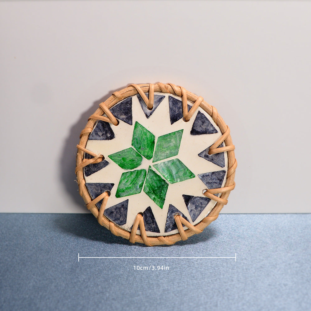 Shell Mosaic Drink Coaster Round Woven Rattan Cup Mat