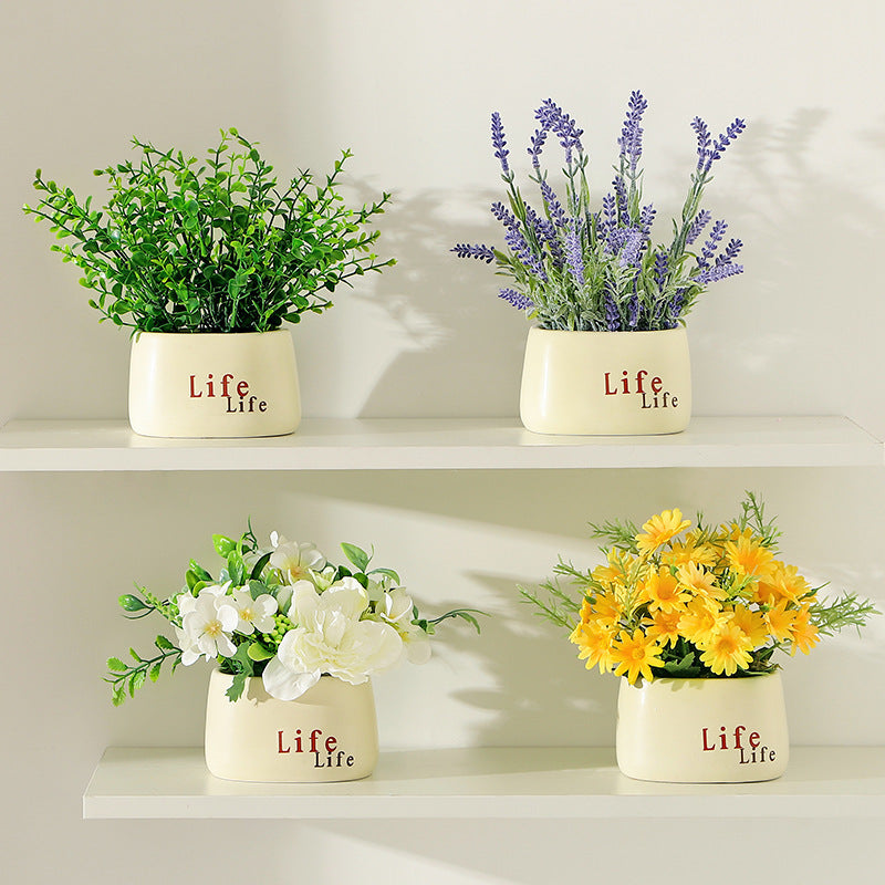 Faux Flower Pot Arrangement Ceramic Planter Decor