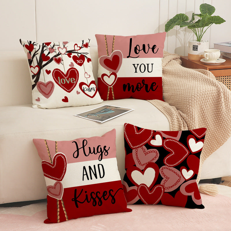 Valentine Linen Pillow Covers with Heart Prints Home Decor