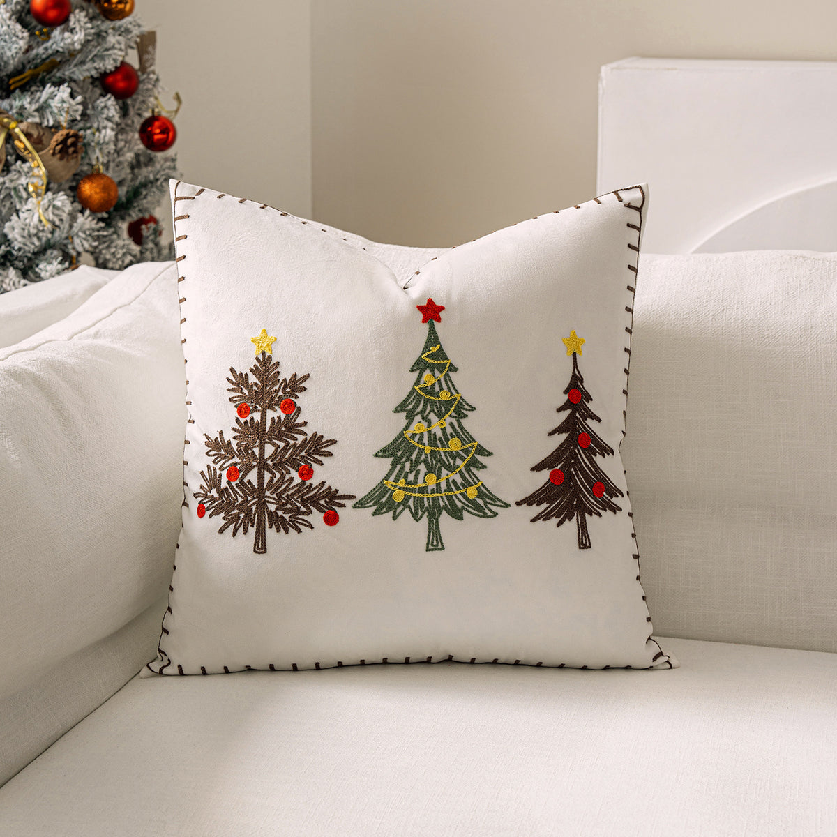Christmas Tree Embroidered Throw Pillow Cover 18x18in