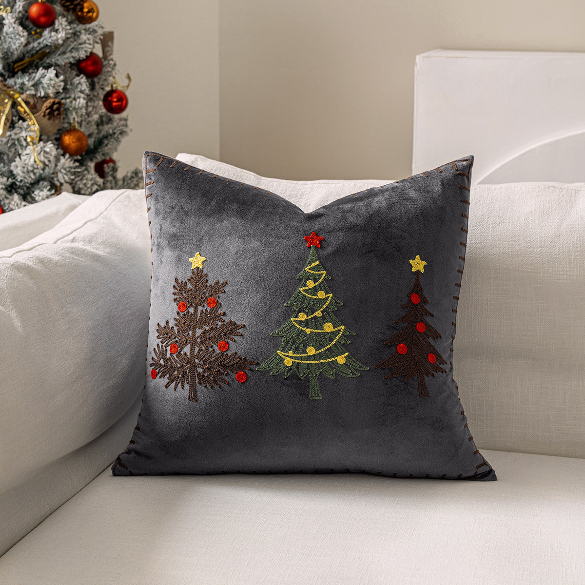 Christmas Tree Embroidered Throw Pillow Cover 18x18in