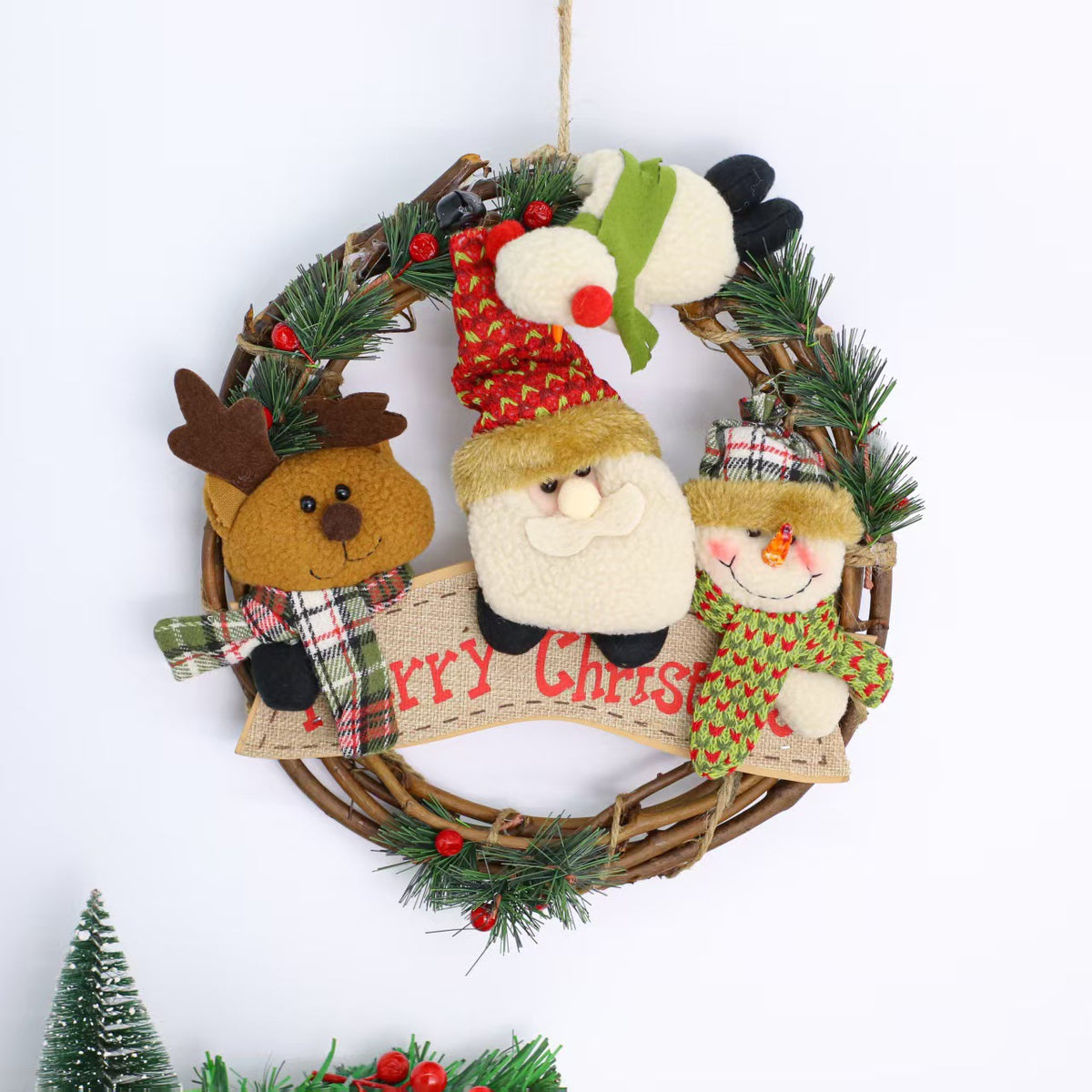 Christmas Wreath Door Hanging Decoration Plush Wooden Accent