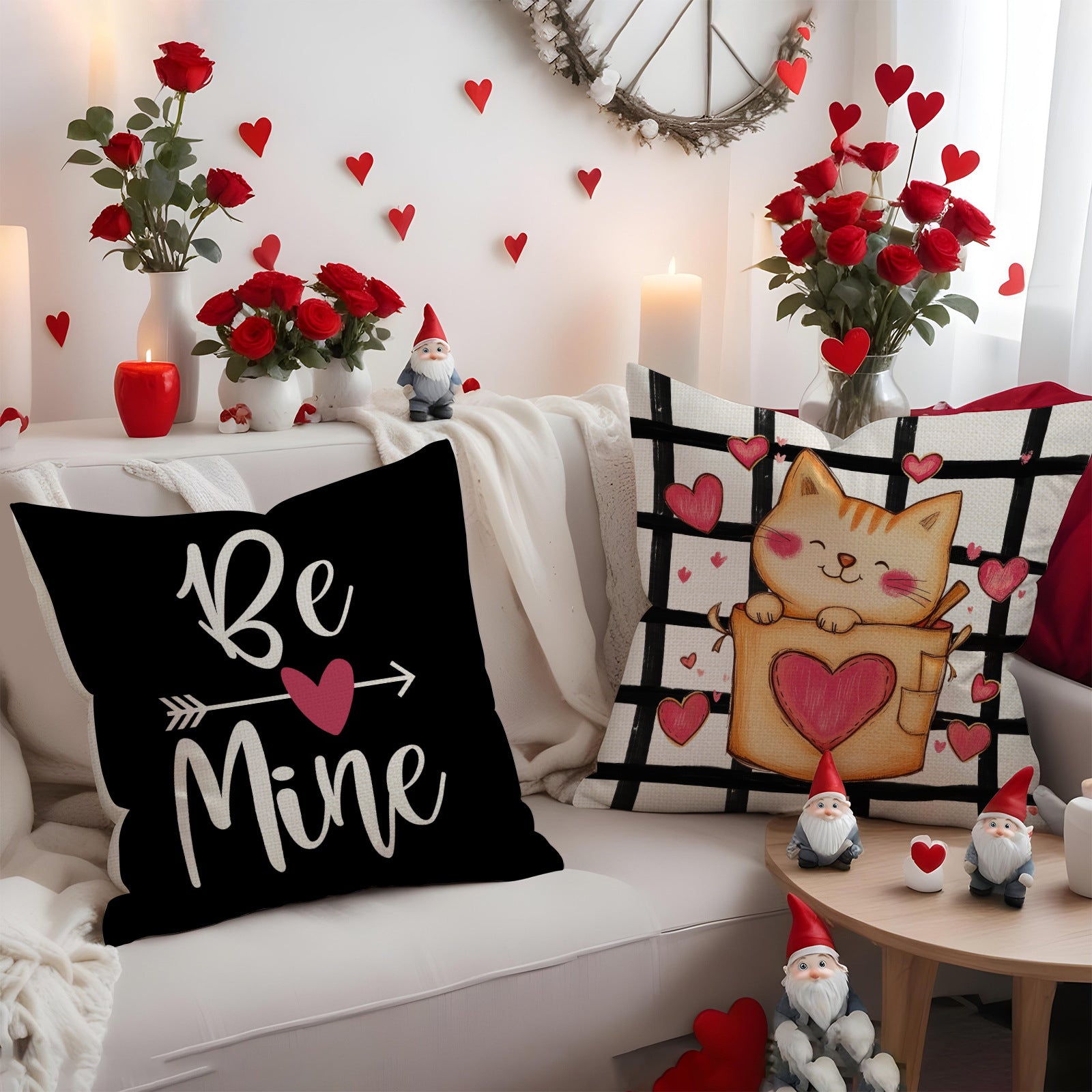 Valentine Cat Love Pillow Covers Set Cute Heart Decor